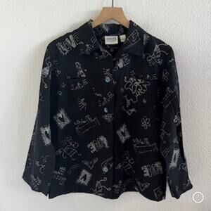 Chico's Design Embroidered Black Button Front Top Chalk Vibe Smile Love Medium